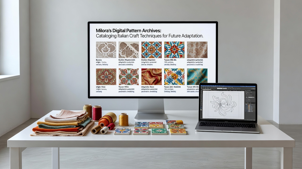 Archivists reviewing scanned ceramic tile patterns from Sicilian workshops